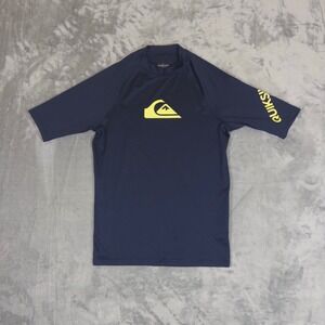 Quiksilver Mens Navy Blue Yellow Logo Rash Guard Short Sleeve Swim Shirt Large